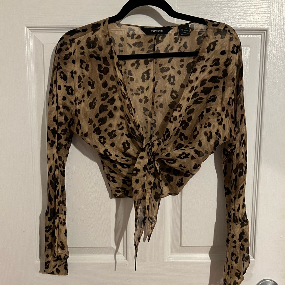 100 percent Silk early 2000’s express tie front, leopard blouse
